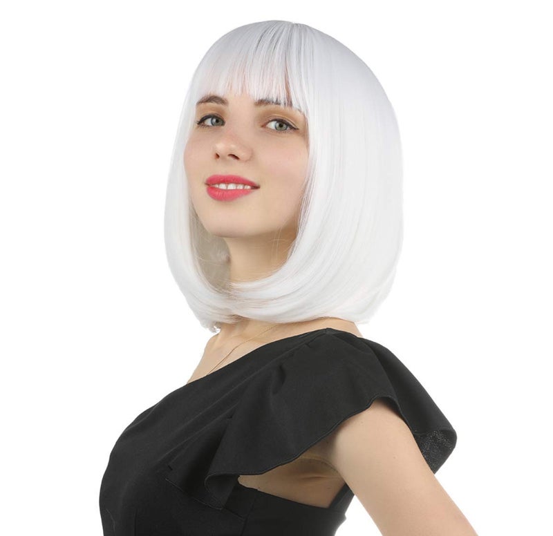 eNilecor Short Bob Hair Wigs 12" Straight with Flat Bangs Synthetic Colorful Cosplay Daily Party Wig for Women Natural As Real Hair+ Free Wig Cap (White) - Image 1